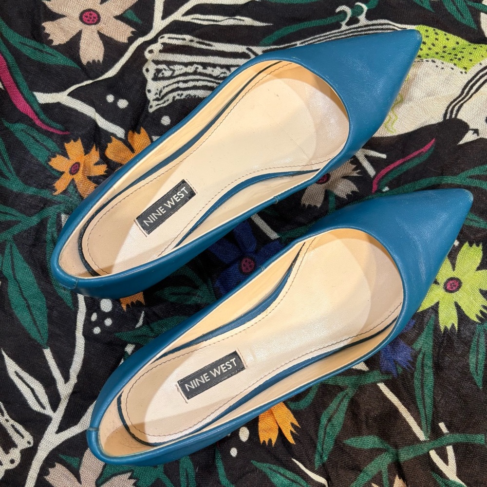 Nine West Fayth Leather Pointed Toe Flats - Teal - 5.5